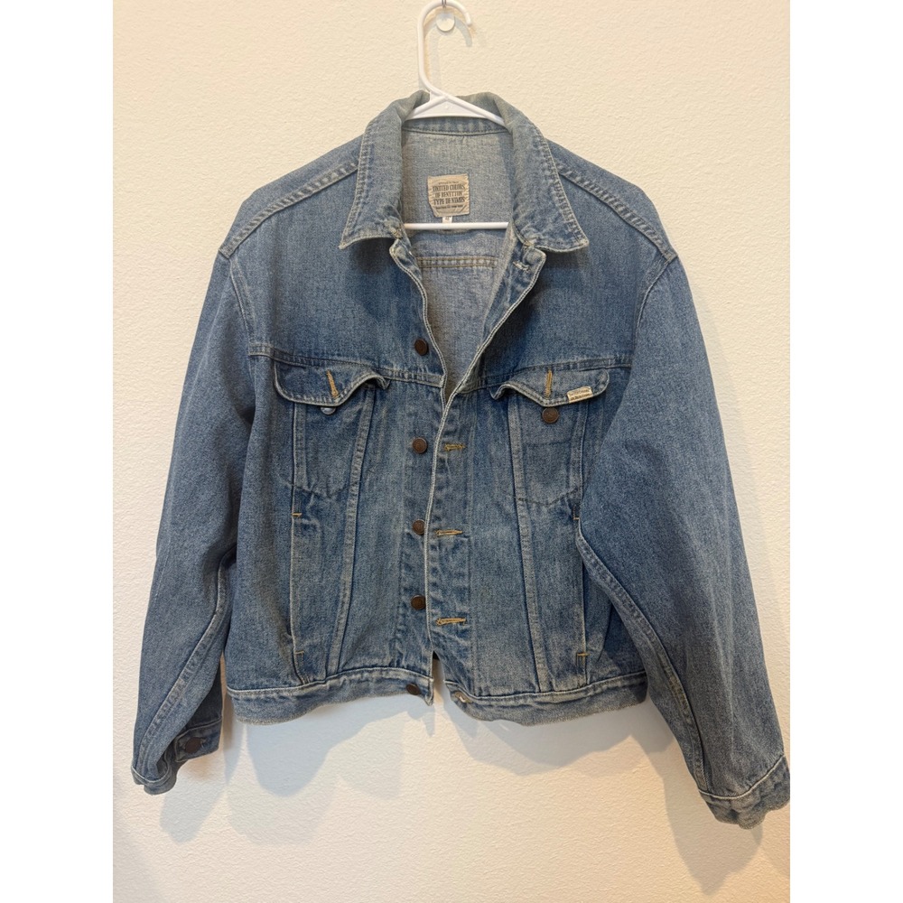 Vintage 90s Benetton Denim Jacket Cropped Boxy Italy Women 46 Large Blue Trucker